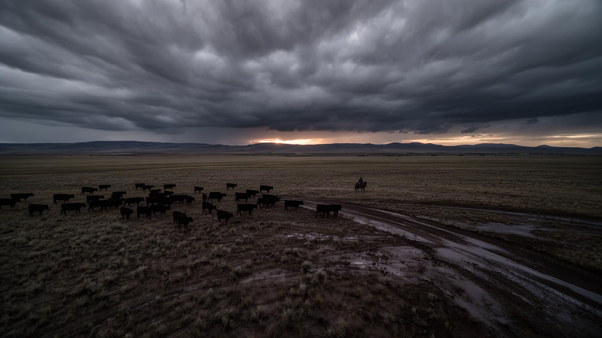 Stormy high-plains cattle drive at first light